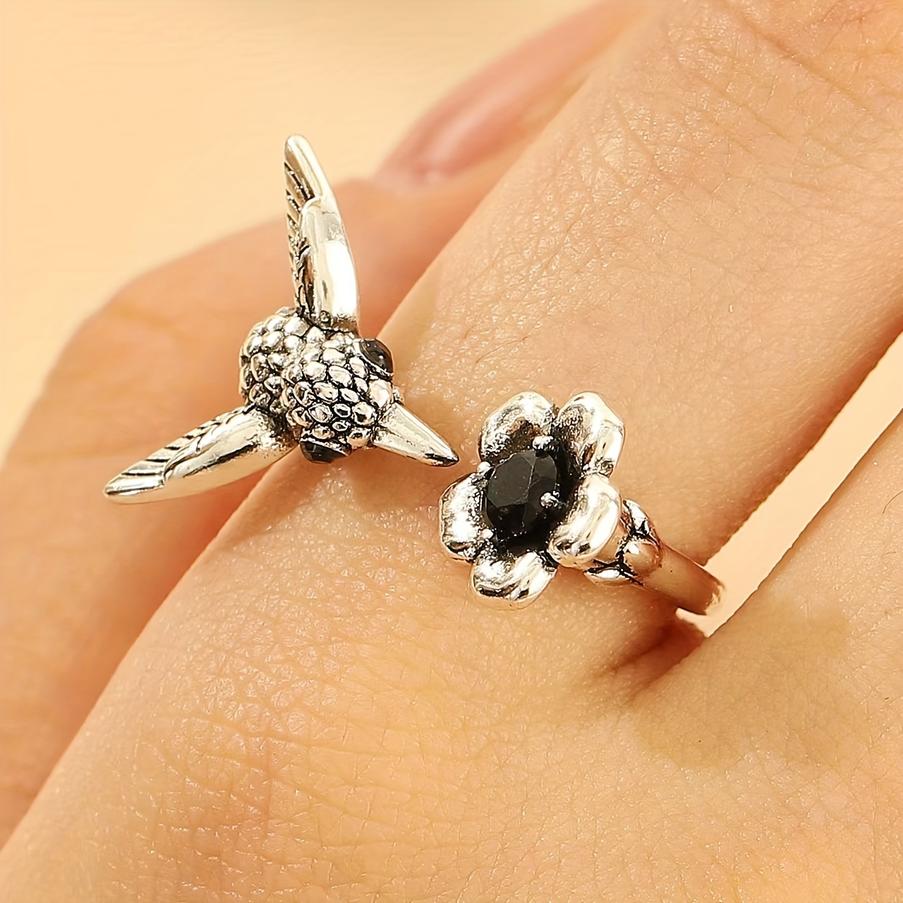 Vintage Silver Plated Copper Ring with Zirconia Bird And Flower